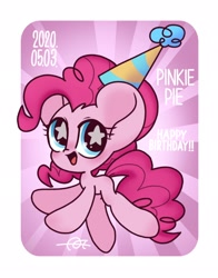 Size: 1602x2048 | Tagged: safe, artist:oc_ponys, pinkie pie, earth pony, pony, g4, abstract background, birthday, chibi, cute, diapinkes, female, happy birthday, hat, mare, open mouth, party hat, pinkie pie's birthday, solo, starry eyes, wingding eyes