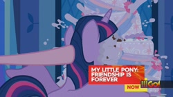 Size: 1434x808 | Tagged: safe, screencap, pinkie pie, twilight sparkle, alicorn, pony, cakes for the memories, g4, my little pony: friendship is forever, cake, food, twilight sparkle (alicorn)