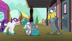 Size: 1920x1080 | Tagged: safe, screencap, gabby, rarity, spike, griffon, dragon dropped, g4, bipedal, excited, gem, smiling