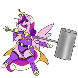 Size: 500x500 | Tagged: safe, artist:kushina13, princess cadance, alicorn, pony, g4, armor, bipedal, clothes, female, hammer, horn, leotard, mare, open mouth, profile, simple background, solo, white background, wings