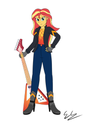 Size: 2400x3600 | Tagged: safe, artist:egstudios93, sunset shimmer, equestria girls, g4, my little pony equestria girls: better together, clothes, electric guitar, female, flying v, guitar, high res, jacket, leather jacket, musical instrument, pants, simple background, solo, transparent background