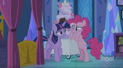 Size: 1438x808 | Tagged: safe, screencap, pinkie pie, twilight sparkle, alicorn, earth pony, pony, cakes for the memories, g4, my little pony: friendship is forever, 9go, bed, bedroom eyes, bipedal, cake, crying, female, food, mare, tears of joy, twilight sparkle (alicorn)