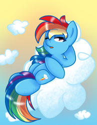 Size: 2550x3300 | Tagged: safe, artist:snowdeer97, rainbow dash, pegasus, pony, g4, cloud, female, high res, mare, on a cloud, on back, one eye closed, open mouth, sky, solo