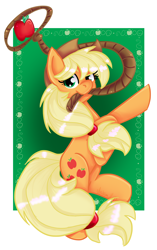 Size: 2068x3300 | Tagged: safe, artist:snowdeer97, applejack, earth pony, pony, g4, abstract background, apple, cute, female, food, high res, jackabetes, lasso, looking at you, mare, mouth hold, rearing, rope, solo
