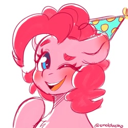 Size: 1000x1000 | Tagged: safe, artist:cottonsweets, pinkie pie, earth pony, pony, birthday, blushing, bust, chest fluff, cute, diapinkes, female, hat, mare, one eye closed, open mouth, party hat, portrait, simple background, solo, white background, wink