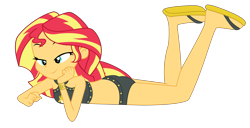 Size: 5050x2590 | Tagged: safe, artist:lifes-remedy, sunset shimmer, equestria girls, g4, clothes, commission, feet, female, high res, looking down, midriff, simple background, sleeveless, smiling, solo, swimsuit, transparent background, vector