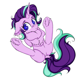 Size: 2500x2500 | Tagged: safe, artist:rurihal, starlight glimmer, pony, unicorn, g4, :t, belly, blushing, chest fluff, colored pupils, cute, dock, ear fluff, female, floppy ears, glimmerbetes, high res, hoof fluff, imminent belly rub, mare, on back, simple background, solo, underhoof, weapons-grade cute, white background