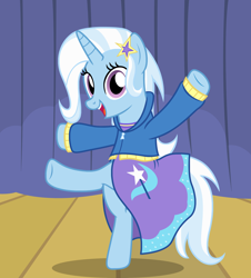 Size: 1762x1953 | Tagged: safe, artist:badumsquish, derpibooru exclusive, trixie, pony, unicorn, equestria girls, g4, alternate hairstyle, bipedal, can-can, clothes, cutie mark, cutie mark on clothes, dancing, equestria girls ponified, female, hair ornament, high kick, hoodie, human pony trixie, jacket, kick, kicking, looking at you, mare, ponified, radio city rockettes, shirt, show accurate, skirt, solo, stage, stock vector, zipper