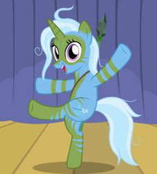 Size: 1762x1953 | Tagged: safe, artist:badumsquish, derpibooru exclusive, trixie, pony, unicorn, g4, the cutie re-mark, alternate hairstyle, alternate timeline, bipedal, can-can, chrysalis resistance timeline, clone, cutie mark, dancing, face paint, female, high kick, kick, kicking, looking at you, mare, radio city rockettes, show accurate, spear, stage, time paradox, tribal, tribal markings, weapon