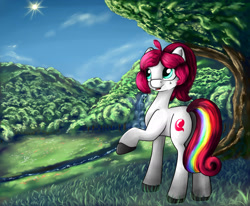 Size: 2000x1650 | Tagged: safe, artist:appleneedle, artist:com3tfire, oc, oc only, earth pony, pony, art, brony, character, collaboration, digital, digital art, draw, drawing, fanart, forest, grass, nature, paint, painting, pinkerry, pinkerrysite, river, scenery, sky, solo, sun, tree, waterfall