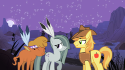 Size: 2064x1165 | Tagged: safe, braeburn, little strongheart, marble pie, bison, buffalo, earth pony, pony, g4, braeble, calf, camp, cute, desert, feather, female, friendship, friendshipping, looking at each other, male, marble squaw, marblebetes, moon, movie reference, night, scenery, ship:braeheart, shipping, stars, straight, tent, tipi, youtube link