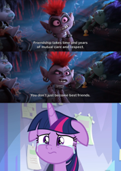 Size: 2000x2827 | Tagged: safe, edit, edited screencap, screencap, twilight sparkle, alicorn, pony, g4, the ending of the end, 3 panel comic, cheese whiz, comic, crying, crylight sparkle, cute, ear piercing, eyeshadow, female, fishnet stockings, floppy ears, high res, invitation, irony, lampshade hanging, makeup, mare, mohawk, piercing, queen barb, quote in description, rachel bloom, reality ensues, rock trolls, sad, sadorable, scared, screencap comic, solo, take that, tears of fear, trolls, trolls world tour, twiabetes, twilight sparkle (alicorn)