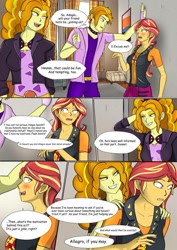 Size: 751x1063 | Tagged: safe, artist:symptom99, adagio dazzle, sunset shimmer, comic:sunset's dilemma with adagio, equestria girls, g4, against wall, allegro amoroso, bedroom eyes, blushing, chair, clothes, comic, commission, conversation, curtains, ear piercing, earring, equestria guys, female, flirting, implications, implied flash sentry, implied flashimmer, implied shipping, implied straight, jewelry, lesbian, lidded eyes, looking at each other, male, nervous, open mouth, painting, piercing, room, rule 63, seductive look, ship:sunllegro, ship:sunsagio, shipping, smiling, smirk, speech bubble, talking, teeth, touch, up against the wall