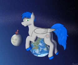 Size: 1280x1069 | Tagged: safe, artist:recordmelodie, oc, oc:mocha sprinkles, oc:record melodie, pegasus, pony, unicorn, giant pegasus, giant pony, giant unicorn, macro, male, moon, pony bigger than a planet, size difference, space, stallion