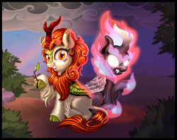 Size: 2400x1900 | Tagged: safe, artist:harwick, autumn blaze, kirin, nirik, sounds of silence, angry, autumn blaze's puppet, blank eyes, cloven hooves, colored hooves, duality, duo, fangs, female, glowing eyes, mane of fire, raised hoof, sitting, smiling