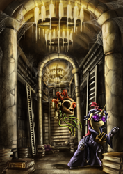Size: 1237x1750 | Tagged: safe, artist:jamescorck, moondancer, pony, unicorn, g4, adeptus administratum, archive, augmented, book, candle, chandelier, clothes, crossover, glasses, ladder, library, robe, scroll, servo skull, spider web, warhammer (game), warhammer 40k