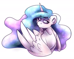 Size: 2374x1893 | Tagged: safe, artist:lrusu, princess celestia, alicorn, pony, g4, bags under eyes, bust, ear fluff, ethereal mane, female, mare, simple background, solo, white background