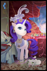 Size: 555x839 | Tagged: safe, artist:skimlines, opalescence, rarity, pony, unicorn, g4, :3, clothes, colored pupils, dress, ear piercing, earring, female, glasses, hair accessory, hat, jewelry, mare, necklace, piercing, rarity's glasses, solo, thread