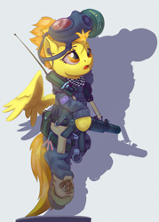 Size: 1075x1500 | Tagged: safe, artist:drafthoof, spitfire, pegasus, pony, g4, crossover, female, gas mask, gun, mask, military, military uniform, mp5sd, sas, solo, weapon