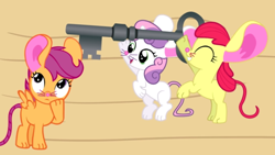 Size: 696x393 | Tagged: safe, artist:magpie-pony, apple bloom, scootaloo, sweetie belle, earth pony, mouse, mouse pony, pegasus, pony, unicorn, g4, barely pony related, cinderella, cindershy, crossover, cutie mark crusaders, fairy tale, key, mouse ears, mousified, pinkie tales, rat tail, species swap, whiskers