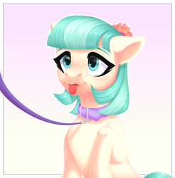 Size: 1434x1455 | Tagged: safe, artist:nika-rain, coco pommel, earth pony, pony, g4, collar, commission, female, leash, pet play, simple background, solo, tongue out, ych result