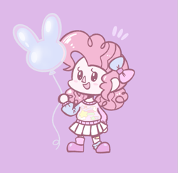 Size: 669x650 | Tagged: safe, artist:typhwosion, pinkie pie, human, g4, animal crossing, balloon, bow, chibi, clothes, cute, diapinkes, female, hair bow, happy, humanized, purple background, shoes, simple background, skirt, socks, solo, sweater