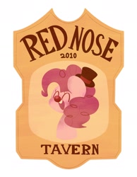 Size: 1458x1882 | Tagged: safe, artist:typhwosion, pinkie pie, earth pony, pony, g4, bust, clown nose, female, hat, logo, red nose, solo, tavern, text