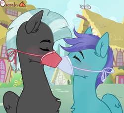 Size: 1918x1753 | Tagged: safe, artist:kim0508, open skies, thunderlane, pegasus, pony, g4, blushing, boop, chest fluff, commission, coronavirus, covid-19, duo, ear fluff, eyes closed, face mask, gay, house, improper use of ppe, male, mask, noseboop, ponyville, ppe, quarantine, shipping, stallion, surgical mask, thunderskies, ych result