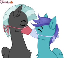 Size: 1918x1753 | Tagged: safe, alternate version, artist:kim0508, open skies, thunderlane, pegasus, pony, g4, blushing, boop, chest fluff, commission, coronavirus, covid-19, duo, ear fluff, eyes closed, face mask, gay, improper use of ppe, male, mask, noseboop, ppe, quarantine, shipping, simple background, stallion, surgical mask, thunderskies, white background, ych result