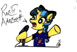 Size: 676x461 | Tagged: safe, artist:woodwinddraws, oc, oc only, oc:ducky ink, pony, unicorn, midair pony fair, clothes, cutie mark, dialogue, implied lesbian, implied rarilight, implied shipping, microphone, shirt, simple background, solo, white background