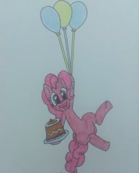 Size: 750x927 | Tagged: safe, artist:agirlwholovesmlp, pinkie pie, earth pony, pony, g4, balloon, cake, cute, dessert, diapinkes, female, floating, food, looking at you, mare, open mouth, simple background, smiling, smiling at you, solo, then watch her balloons lift her up to the sky, traditional art, white background