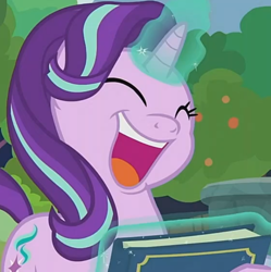 Size: 736x740 | Tagged: safe, screencap, starlight glimmer, pony, unicorn, g4, memnagerie, my little pony: friendship is forever, book, cropped, eyes closed, faic, female, laughing, levitation, magic, mare, solo, starlight glimmer is best facemaker, telekinesis