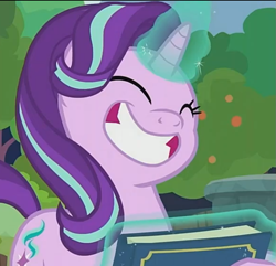 Size: 769x742 | Tagged: safe, screencap, starlight glimmer, pony, unicorn, g4, memnagerie, my little pony: friendship is forever, cropped, cute, eyes closed, female, glimmerbetes, glowing, glowing horn, horn, magic, magic aura, mare, scrapbook, smiling, solo, telekinesis