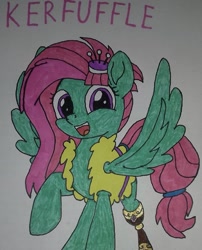 Size: 750x929 | Tagged: safe, artist:electric spark, kerfuffle, pegasus, pony, g4, rainbow roadtrip, amputee, cute, female, fufflebetes, looking at you, mare, peg leg, prosthetic leg, prosthetic limb, prosthetics, simple background, smiling, smiling at you, text, traditional art, white background