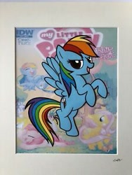 Size: 225x300 | Tagged: safe, idw, fluttershy, pinkie pie, rainbow dash, pegasus, pony, g4, animation cel, female, flying, looking at you, mare, open mouth, smiling, smiling at you, solo focus, text