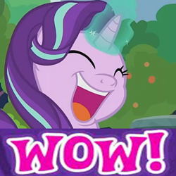 Size: 500x500 | Tagged: safe, edit, edited screencap, gameloft, screencap, starlight glimmer, pony, unicorn, g4, memnagerie, my little pony: friendship is forever, caption, cropped, faic, female, laughing, magic, meme, solo, wow! glimmer