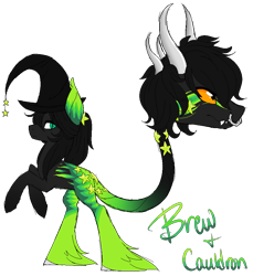 Size: 831x907 | Tagged: safe, artist:airi-draws-stuff, oc, oc only, oc:brew, cow plant pony, monster pony, original species, plant pony, augmented tail, ear fluff, fangs, hat, hoof fluff, horn, nose piercing, nose ring, piercing, plant, rearing, simple background, tongue out, transparent background, witch hat