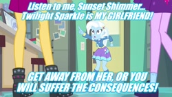 Size: 1280x720 | Tagged: safe, edit, edited screencap, screencap, sci-twi, sunset shimmer, trixie, twilight sparkle, equestria girls, equestria girls specials, g4, my little pony equestria girls: better together, my little pony equestria girls: forgotten friendship, caption, image macro, implied lesbian, implied shipping, implied sunsetsparkle, implied twixie, meme, text
