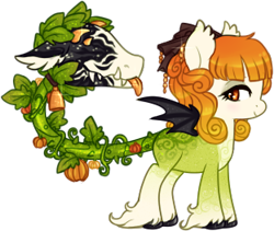 Size: 312x263 | Tagged: safe, artist:glitterring, oc, oc only, oc:golden harvest, cow plant pony, monster pony, original species, plant pony, augmented tail, bat wings, bow, ear fluff, eyelashes, fangs, hair bow, hoof fluff, hoof polish, makeup, plant, simple background, smiling, tongue out, transparent background, vine, wings