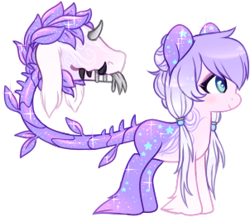 Size: 302x262 | Tagged: safe, artist:glitterring, oc, oc only, cow plant pony, monster pony, original species, plant pony, augmented tail, curved horn, fangs, forked tongue, hoof fluff, horn, makeup, plant, simple background, smiling, sparkles, starry hair, thorn, tongue out, transparent background, unshorn fetlocks