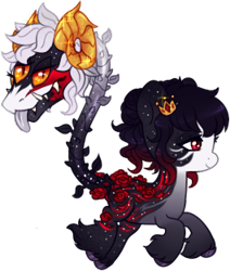 Size: 265x312 | Tagged: safe, artist:glitterring, oc, oc only, cow plant pony, monster pony, original species, plant pony, augmented tail, ethereal mane, fangs, hoof fluff, hoof polish, horn, plant, simple background, slit pupils, smiling, starry mane, tongue out, transparent background