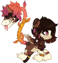 Size: 286x308 | Tagged: safe, artist:glitterring, oc, oc only, cow plant pony, monster pony, original species, plant pony, augmented tail, bracelet, chest fluff, ear piercing, fangs, hoof fluff, horn, jewelry, piercing, plant, simple background, smiling, thorn, tongue out, transparent background, wings
