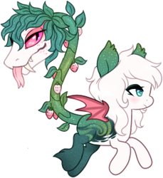 Size: 271x296 | Tagged: safe, artist:glitterring, oc, oc only, cow plant pony, monster pony, original species, plant pony, augmented tail, bat wings, ear fluff, fangs, food, forked tongue, hoof fluff, plant, simple background, slit pupils, starry hair, strawberry, tongue out, transparent background, wings