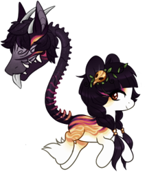 Size: 282x329 | Tagged: safe, artist:glitterring, oc, oc only, cow plant pony, monster pony, original species, plant pony, augmented tail, braid, ear fluff, fangs, hoof fluff, horn, plant, simple background, skull, smiling, thorn, tongue out, transparent background