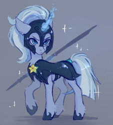 Size: 1788x1980 | Tagged: safe, artist:magicbalance, silver sable, pony, unicorn, rcf community, g4, armor, background pony, curved horn, female, gray background, guard, guardsmare, horn, magic, mare, royal guard, simple background, sketch, solo, sparkles, telekinesis, weapon