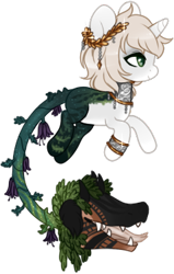 Size: 239x376 | Tagged: safe, artist:glitterring, oc, oc only, cow plant pony, monster pony, original species, plant pony, augmented tail, bracelet, choker, ear fluff, fangs, forked tongue, hoof fluff, horn, jewelry, laurel wreath, open mouth, plant, simple background, slit pupils, smiling, tongue out, transparent background