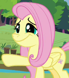 Size: 341x384 | Tagged: safe, screencap, fluttershy, pegasus, pony, g4, memnagerie, my little pony: friendship is forever, cropped, cute, faic, female, folded wings, mare, raised hoof, shyabetes, solo, wide smile