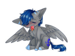 Size: 2502x1860 | Tagged: safe, artist:honeybbear, oc, oc only, oc:electro blue, pegasus, pony, chibi, food, male, popsicle, simple background, solo, stallion, transparent background