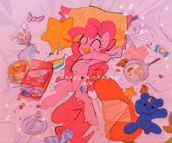 Size: 2048x1706 | Tagged: safe, artist:poneko-chan, pinkie pie, bear, earth pony, pony, ursa, ursa minor, g4, batter, candy, cookie, cute, diapinkes, eyes closed, female, food, fork, happy birthday, heart, lollipop, open mouth, pancakes, pinkie pie's birthday, plate, plushie, solo