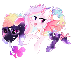 Size: 1280x1064 | Tagged: safe, artist:glitterring, oc, oc only, cow plant pony, monster pony, original species, plant pony, :p, augmented tail, bat wings, collar, ear piercing, female, forked tongue, horn, piercing, plant, simple background, slit pupils, smiling, solo, starry hair, tailmouth, tongue out, transparent background, wings